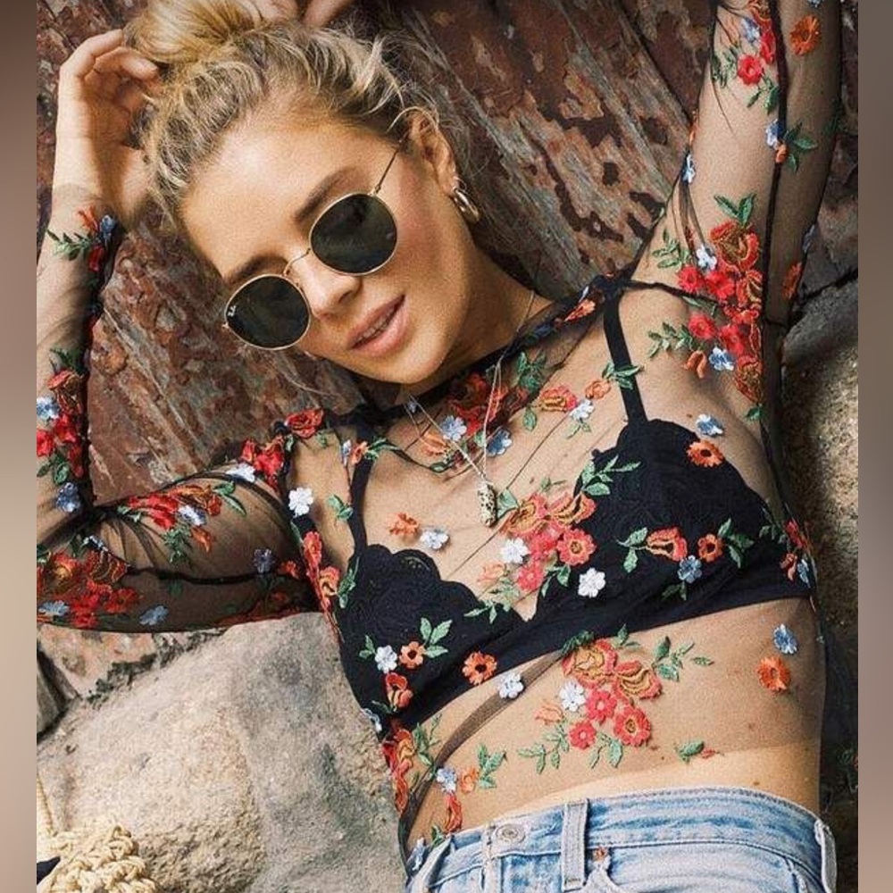 Kimchi Blue Floral Embroidered Mesh Top